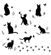 SUPERDANT Black Cat Wall Stickers Cat Silhouette Decals Butterfly Wall Decor Paw Print Sticker An...