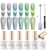 Gellen Cat Eye Gel Nail Polish Set with Magnet, Green Sliver Gel Colors Soak Off Gel Polish Kit U...