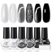 modelones Nail Polish Set, 6 Colors White Black Nail Polish with Magnet Glitter Cat Eye Magnetic ...