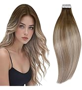RUNATURE Hair Extensions Tape in Short Human Hair Tape in Extensions Balayage Walnut Brown to Ash...
