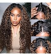 UNICE Curly V Part Wigs Human Hair Balayage Brown Highlight Clip in Upgrade U Part Wig No Leave O...