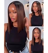 Nadula Chestnut Brown Ombre Yaki Straight Bob Drawstring Wig Human Hair - Glueless Pre Cut 13X4 H...