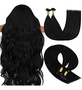 Multiple views of long black hair extensions or wigs showing different angles and attachment methods with gold-colored clips or bonds.