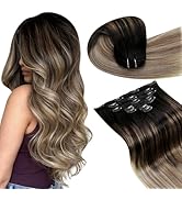 LaaVoo Clip in Hair Extensions Real Human Hair Ombre Black to Light Brown Mix Light Blonde Human ...