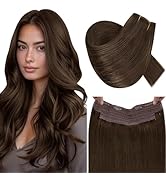 RUNATURE Wire Hair Extensions Brown Real Human Hair Extensions with Fish Line, Invisible Wire Rea...