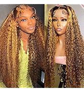 Juvid 30 Inch Highlight Lace Front Wigs Human Hair 180 Density Curly Ombre Honey Blonde 4/27 13X6...