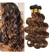 MOMOSHERO Highlight Dark Brown Body Wave Human Hair 3 Bundles 16 18 20 In, 10A Balayage Blonde Om...