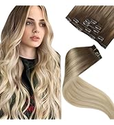 LaaVoo Clip in Hair Extensions Ombre Light Brown to Ash Blonde Balayage Platinum Blonde Human Hai...