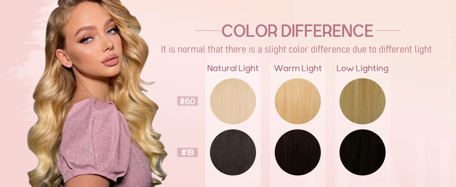 SLIGHT COLOR DIFFERENCE DUE TO DIFFERENT LIGHT FOR HAIRRO TAPE IN HAIR EXTENSIONS