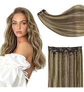 Full Shine Highlights Blonde Clip in Human Hair Extensions Lace Weft Brown Mix Honey Blonde 3Pcs ...