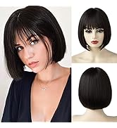 SARLA Brown Black Bob Wig with Bangs Short Straight Synthetic Fashion Hair Wig 8 Inch for Women C...
