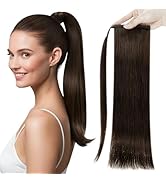 Full Shine Ponytail Extension Human Hair Natural Short Wrap Around Darkest Brown Clip in Ponytail...