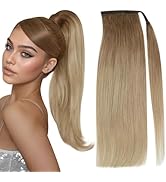 Full Shine Human Hair Ponytail Extension Golden Brown Mixed Blonde Silky Ponytail Extension Clip ...