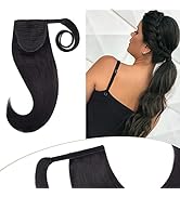 Hairro Ponytail Extensions 100% Human Hair 16 Inch Wrap Around Ponytail Jet Black for Women 80g L...