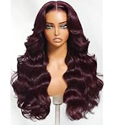 UNICE Black Cherry Body Wave 13x4 Lace Front Drawstring Wigs Human Hair with Face Framing Bangs P...