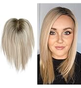 FQNing Hair Topper Real Human Hair Silk Base Cap Size 5''*5.5'', Balayage Remy Straight Hairpiece...