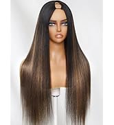 Julia Hair V Part Glueless Wig Human Hair Yaki Straight Highlight Balayage Ombre Brown Upgrade U ...