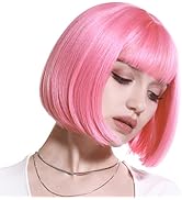 SARLA Short Pink Bob Wigs with Bangs 8 Inch Straight Synthetic Colorful Wig for Women Cosplay Dai...