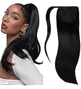 Lacerhair Dark Black Ponytail Hair Extension Real Human Hair Magic Paste Hair Pieces for Women Po...