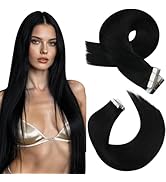 Moresoo Black Tape in Hair Extensions Human Hair Invisible PU Tape in Extensions Straight Glue in...