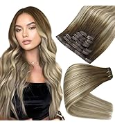 Full Shine Balayage Human Hair Clip in Extensions Brown Ombre Light Brown Mix Blonde Hair Extensi...