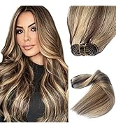 Real Human Hair Sew in Extensions, 12 Inch 100G Balayage Brown Mixed Ash Blonde, Hand Tied Weft f...