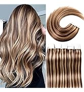 VINBAO Tape in Hair Extensions Human Hair Dark Brown #4 Highlights #27 Caramel Blonde Tape in Hum...