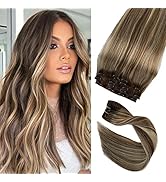 Hair Extensions Real Human Hair, Clip in Hair Extensions 18Inch Balayage Brown to Ash Brown and B...