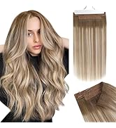 Ugeat Fish Line Hair Extensions Human Hair Brown Balayage Hidden Wire Real Hair Extensions Human ...