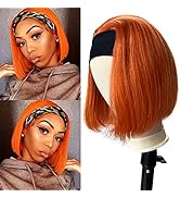 Human Hair Headband Bob Wig for Black Women, Ginger Colored Straight Human Hair None Lace Front W...