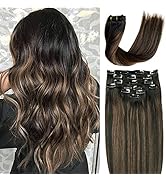 Hair Extensions Clip-in Human Hair, Natural Black to Chestnut Brown Highlights Real Hair Extensio...