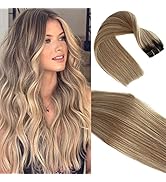 Hair Extensions Ombre Brown to Golden Brown Mixed Bleach Blonde Highlights Real Remy Hair Extensi...