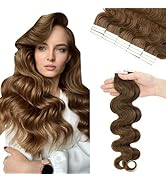 Hairro 14 Inch Tape in Hair Extensions Wavy Human Hair, Mocha Brown Remy Hair Wavy, 20pcs 40g Hai...