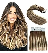 Tape in Hair Extensions,Ombre Ash Brown Highlighted Blonde Hair Extensions Real Human Hair Tape i...