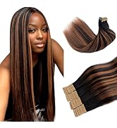 Tape in Hair Extensions Human Hair 20pcs Double Stitched Natural Black Hair Extensions Balayage A...