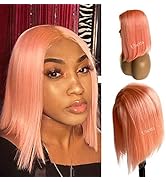 Lace Front Wigs T-Part Bob Wigs Pink Human Hair Pre Plucked Natural Hairline with Baby Hair Aroun...