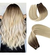 Sew in Human Hair Extensions Ombre Ash Brown to Platinum Blonde Highlights Real Hair Extensions D...