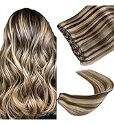 VINBAO Sew in Hair Extensions Human Hair Dark Brown 22in Sew in Extensions Brown with Caramel Blo...