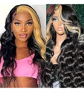 haha Honey Blonde Skunk Stripe Human Hair Wig Lace Front 1B/27 Light Brown Highlight Lace Front W...