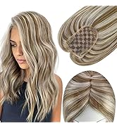 Full Shine Human Hair Topper No Bangs Hair Extensions Balayage Light Brown To Platinum Blonde For...