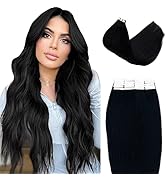 Tape in Hair Extensions 24 Inch Jet Black 100% Real Human Hair Extensions Long Straight Seamless ...