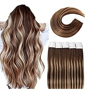 VINBAO Tape in Hair Extensions Human Hair Blonde Real Hair Extensions Color #4 Ombre #27 Caramel ...
