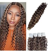 Curly Tape in Hair Extensions Deep Wave Tape in Extensions Brown Highlighted Caramel Blonde Remy ...