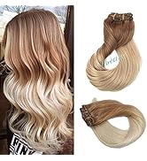 Real Hair Extensions Clip in,Ombre Golden Brown Fading to Platinum Blonde Remy Human Hair Clip in...