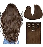 MAXITA Human Hair Clip in Extensions, Chocolate Brown 16 Inch 5pcs 75g, Remy Clip in Hair Extensi...