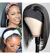 Human Hair Headband Bob Wig Natural Black Short Bob Headband Wig for Black Women, Straight Human ...