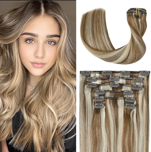 UGOTRAYS Clip In Extensions Real Human Hair Balayage Light Brown to Bleach Blonde Highlights Remy Human Hair Extensions 15 Inch 70g Double Weft 7pcs #6p613 Human Hair Clip in Extensions
