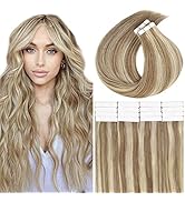 Lacer Tape in Hair Extensions Human Hair Light Brown Highlighted Platinum Blonde Color Silky Stra...