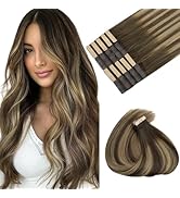 MAXITA Tape in Hair Extensions Human Hair 16inch 50g 20pcs Chocolate Brown to Caramel Blonde Real...