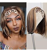 Highlights Human Hair Headband Bob Wig for Black Women, Straight Human Hair Headband Bob Wigs, Br...
